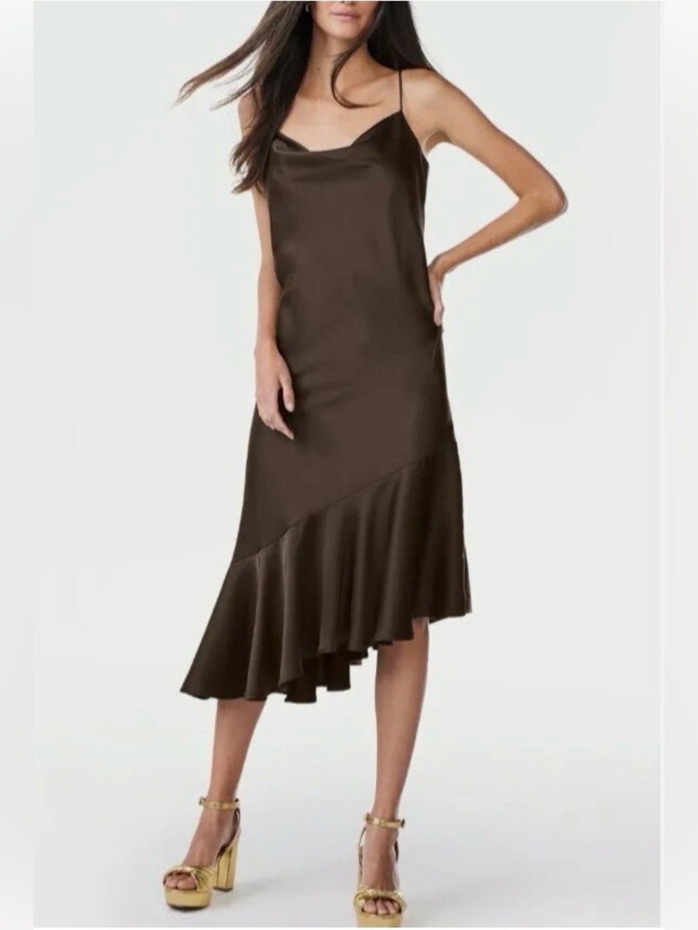 Scoop Satin Cowl Neck Asymmetrical Ruffle Midi Cami Dress Brown S 4-6